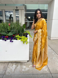 Party Wear Look Yellow Color Art Silk Jacquard Saree With Unstitched Running Blouse