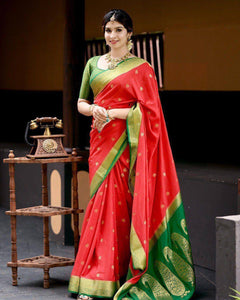 Red And Green Color Rich Look Saree For Your Any Function