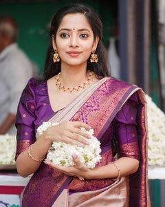Bollywood Style Grey Color Kanjeevaram Saree With Contrast Blouse Piece