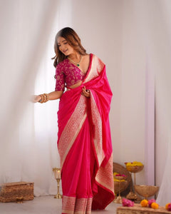 Rani Banarasi Silk Woven Zari Saree With Unstitched Blouse