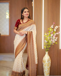 Awesome Art Silk Jacquard Border White Color Saree With Unstitched Running Blouse
