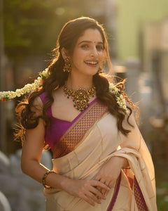 Rich Look Off White Color Saree With Blue Jacquard Border & Running Unstitched Blouse Piece