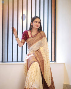 Awesome Art Silk Jacquard Border White Color Saree With Unstitched Running Blouse