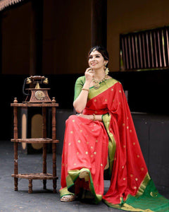 Red And Green Color Rich Look Saree For Your Any Function