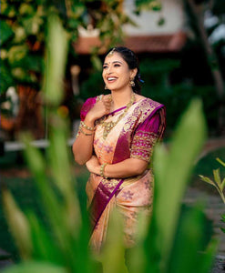 Peach Color Art Silk Jacquard Border Saree With Unstitched Running Blouse