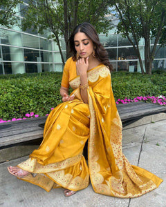 Party Wear Look Yellow Color Art Silk Jacquard Saree With Unstitched Running Blouse
