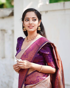 Bollywood Style Grey Color Kanjeevaram Saree With Contrast Blouse Piece