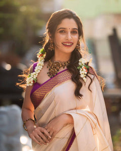 Rich Look Off White Color Saree With Blue Jacquard Border & Running Unstitched Blouse Piece