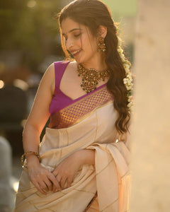 Rich Look Off White Color Saree With Blue Jacquard Border & Running Unstitched Blouse Piece