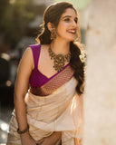 Rich Look Off White Color Saree With Blue Jacquard Border & Running Unstitched Blouse Piece