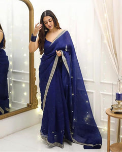 Elegant Navy Blue Georgette Saree with Silver Sequin Work – Designer Party Wear Saree for Women